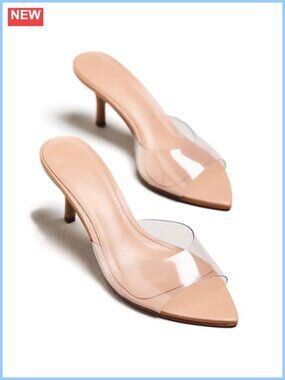 Clear PVC Kitten Heel Mule Sandals Pointed Toe Slip On